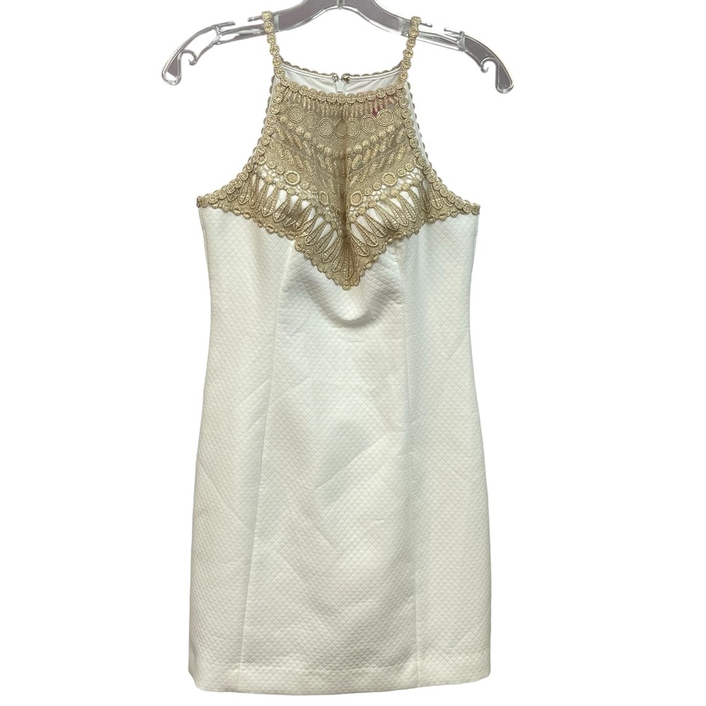 Lilly Pulitzer White & Gold Lace High Neck Mini Dress - Size 2